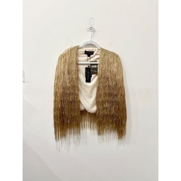 NWT Rachel Zoe Isla Metallic Fringe Open Front Cardigan Sweater Gold Women's XS - Picture 2 of 6